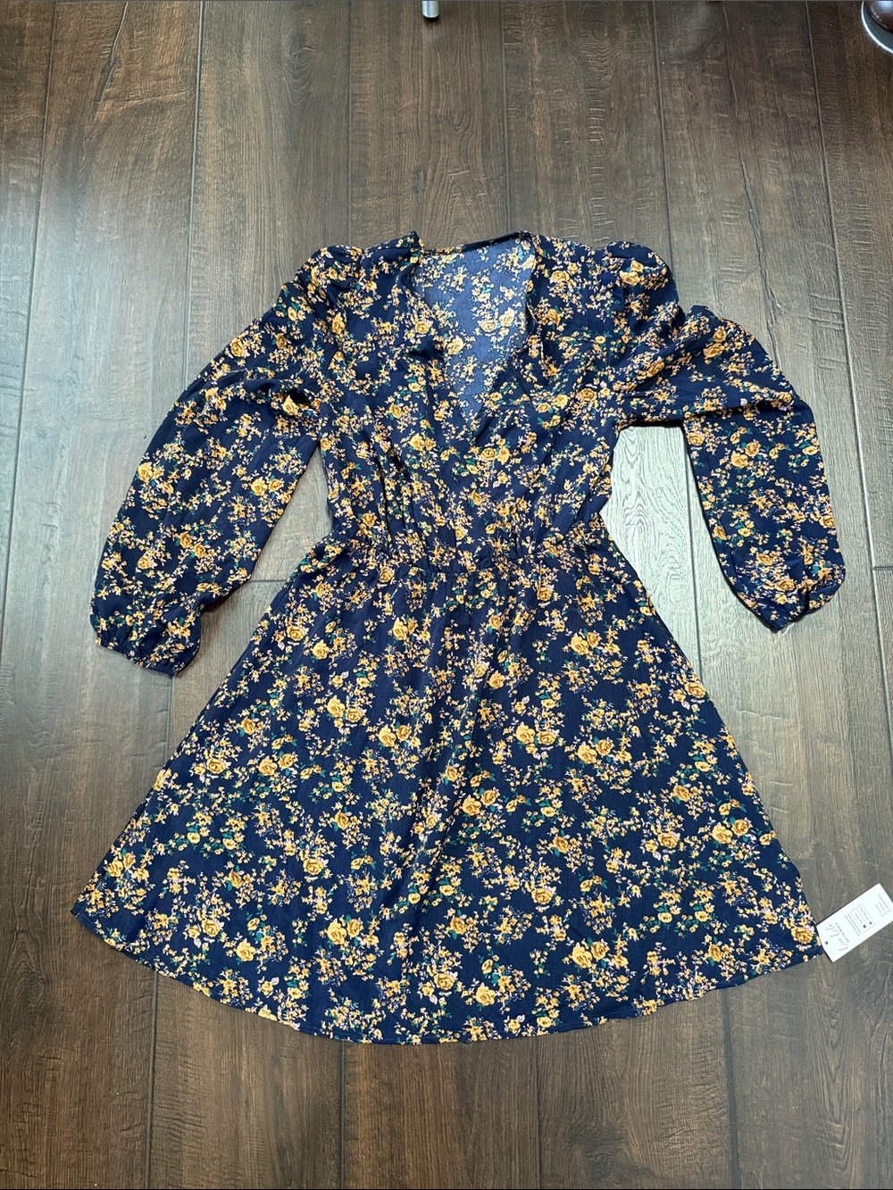 NWT Cupshe Navy Floral Long Sleeve Mini Dress with Mustard Blooms